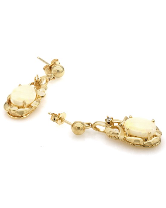 14Ky White Opal and Diamond Dangle Earrings in Yellow Gold